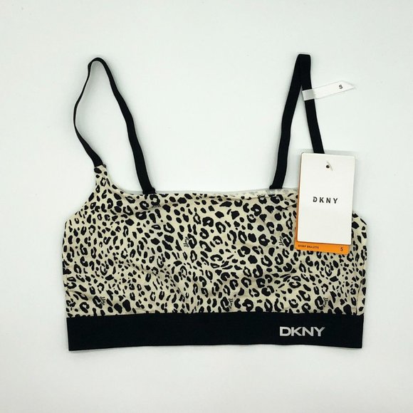 DKNY Womens Leopard Print Scoop Neck Everyday Bralette Bra Black Small - Picture 2 of 6